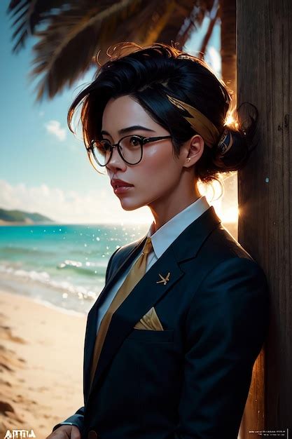 Premium Photo A Woman In A Suit And Glasses Stands On A Beach