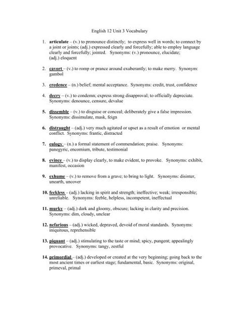 English 12 Unit 3 Vocabulary 1 Articulate â V To Pronounce