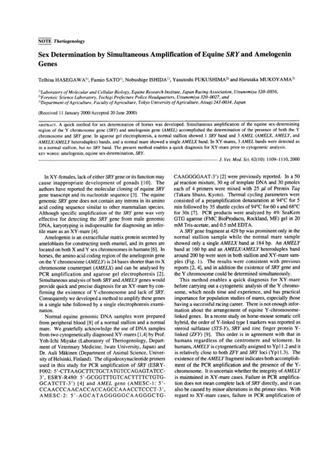 PDF Sex Determination By Simultaneous Amplification Of Equine SRY And Amelogenin Genes