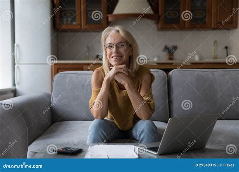 Cheerful Happy Mature Landlady Woman Doing Monthly Accounting Paperwork Stock Image Image Of