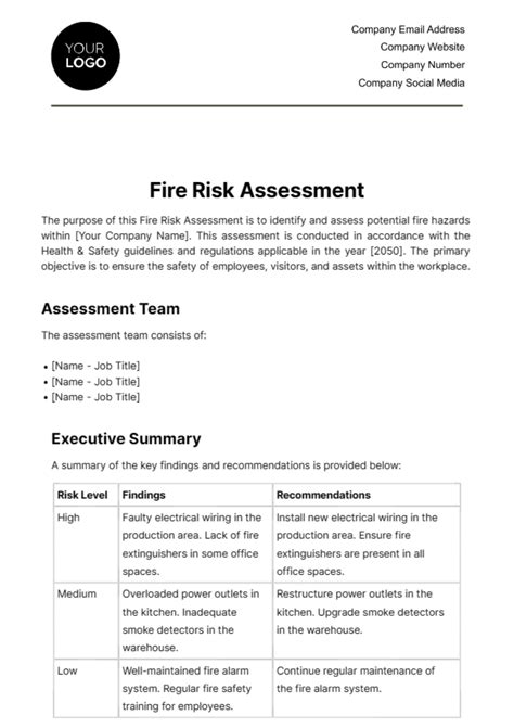 Fire Brigade Fire Risk Assessment Template Fire Brigade