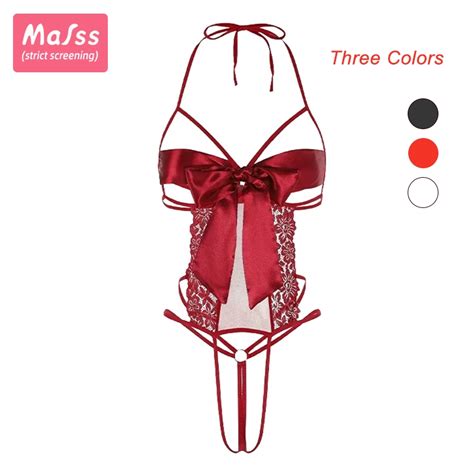 Mafss Sexy Lingerie Nighties Lace Bow Temptation Sling Open Crotch Jumpsuit Panty For Woman Red