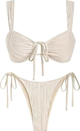 Amazon Zaful Women S Cinched Bikini Solid Color Wave Textured Knotted Tied Side Two Piece
