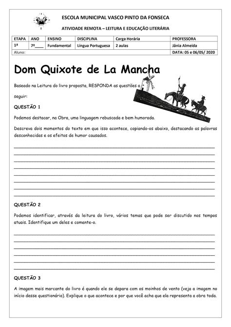 Exercícios Sobre O Livro Dom Quixote Gabarito LIBRAIN