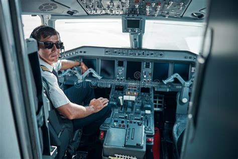 Smiling Handsome Pilot Sitting In Plane Cockpit Stock Image Image Of