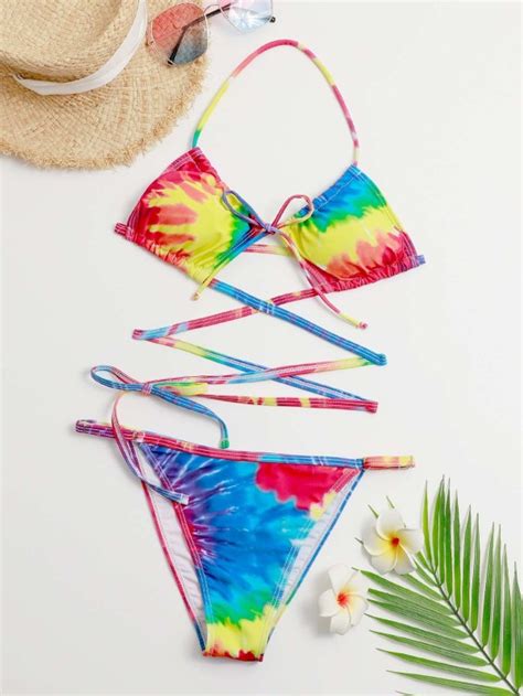 Tie Dye Tie Front Halter Bikini Swimsuit