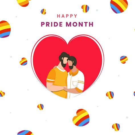 Happy Pride Month Greeting Card With Faceless Gay Couple Embracing And Rainbow Hearts On White