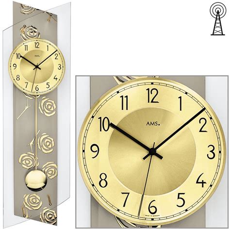 AMS 5223 Wanduhr Funk Funkwanduhr Mit Pendel Golden Pendeluhr Glas