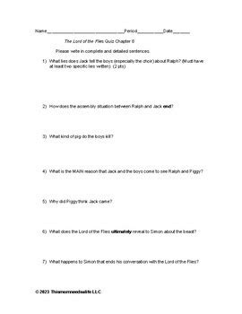 The Lord Of The Flies Chapter Short Answer Quiz With Teacher Key