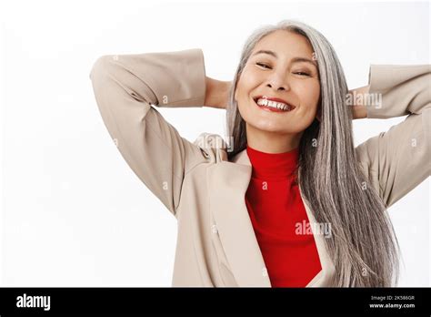 Portrait Of Healthy And Happy Asian Senior Woman Middle Aged Korean