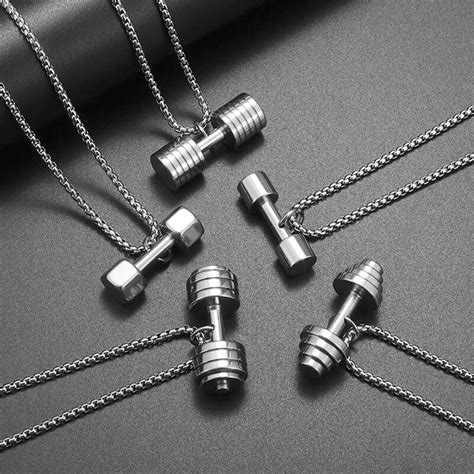 Stainless Steel Dumbbell Barbell Pendant Weightlifting Bodybuilding Gym Equipment Necklace Men