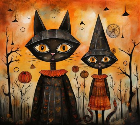 Premium Ai Image Painting Of Two Cats Dressed Up In Halloween