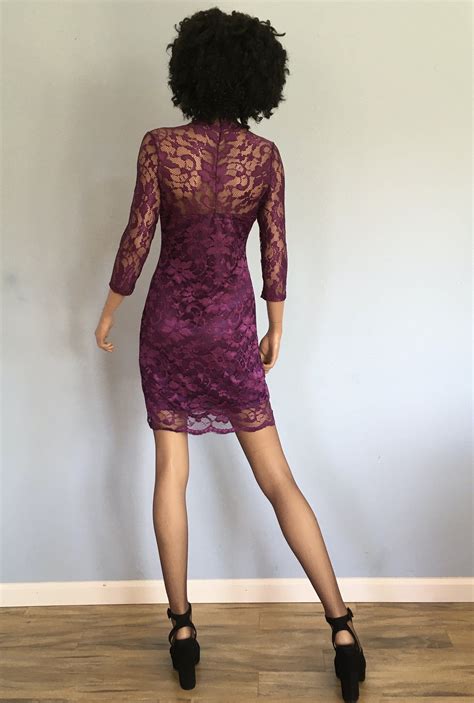 90s 00s Purple Lace High Collar Bodycon Dress In 2022 Purple