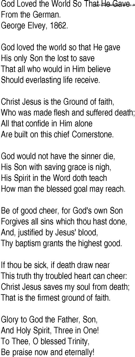 Hymn And Gospel Song Lyrics For God Loved The World So That He Gave By