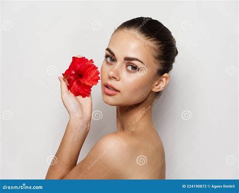 Pretty Woman Nude Shoulders Red Flower Cropped View Studio Stock Photo Image Of Bouquet