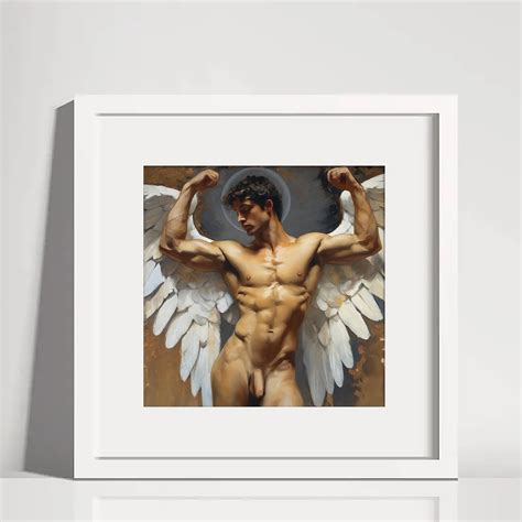 Nude Man Muscled Figure Angel Wings Gay Art AI Generated Realistic Gay Oil Painting Wall