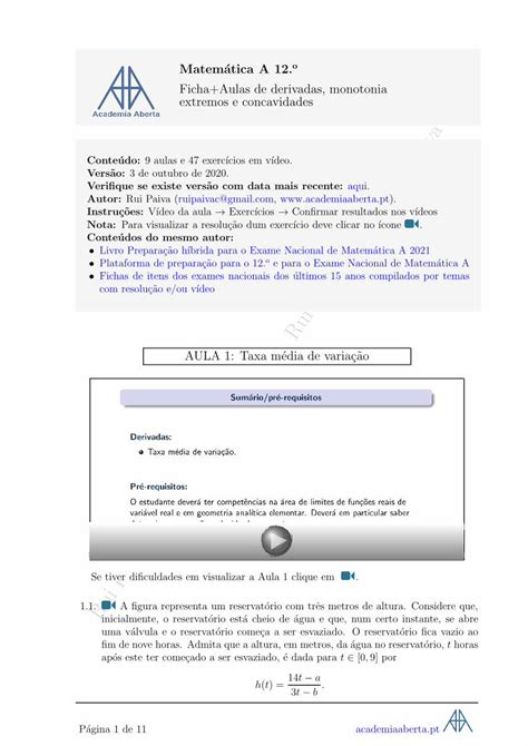 Pdf Ficha Aulas De Derivadas Monotonia Extremos E Concavidades A