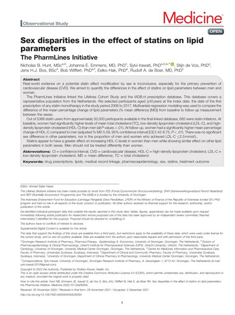 Pdf Sex Disparities In The Effect Of Statins On Lipid Parameters The