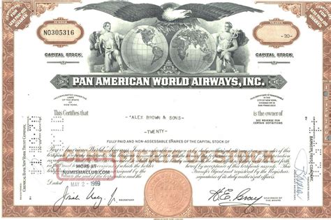 Pan American Airlines Pan Am Stock Certificate