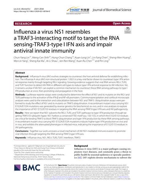 PDF Influenza A Virus NS1 Resembles A TRAF3 Interacting Motif To