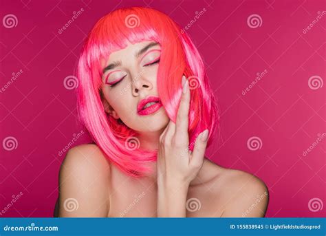 Naked Tender Girl With Closed Eyes Posing In Neon Pink Wig Isolated Stock Image Image Of