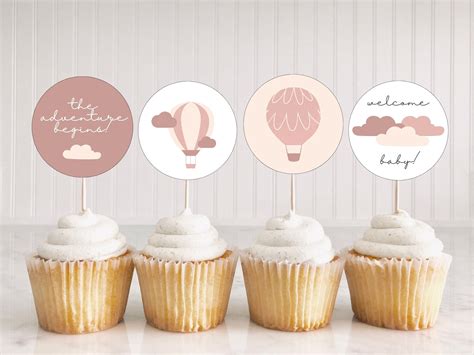 Editable Pink Hot Air Balloon Baby Shower Cupcake Toppers Etsy