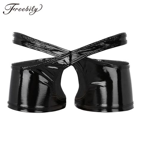 Sexy Gay Mens Lingerie Wetlook Faux Leather Low Rise Open Crotch Two