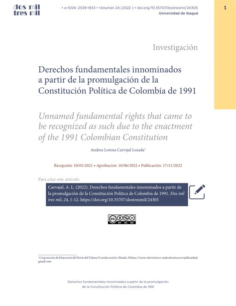 Pdf Derechos Fundamentales Innominados A Partir De La Promulgación De La Constitución Política