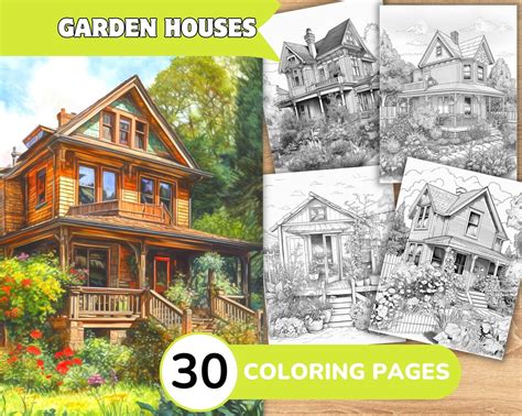 Garden House Coloring Page Book, Garden Grayscale Coloring Book, Garden ...