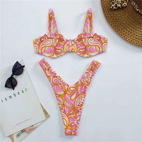 Two Piece Women S Swimsuit Floral Printing Sexy Lace Ruffle Bikini Bikini And Micro Bikini Price