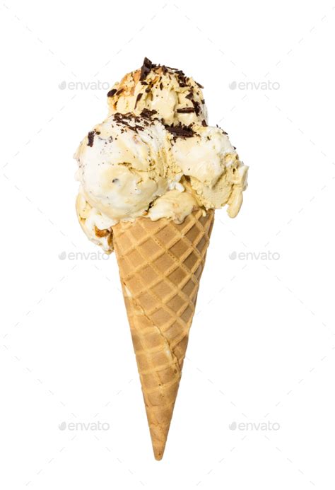 Wafer Cone With Creamy Vanilla Ice Cream With Chocolate Chips Is Stock