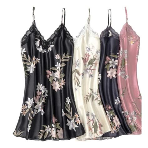 Nuisette Pyjama D Shabill Rose Xxl En Tissu Fleuri Satin Lingerie De Nuit Femme Sexy Rose