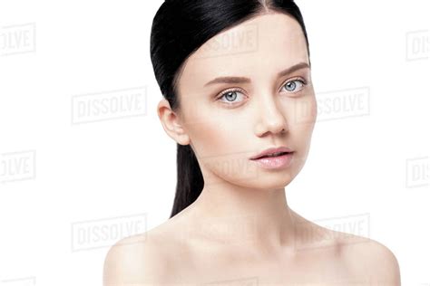 Gorgeous Naked Brunette Woman Looking At Camera Isolated On White Royalty Free Stock Photo