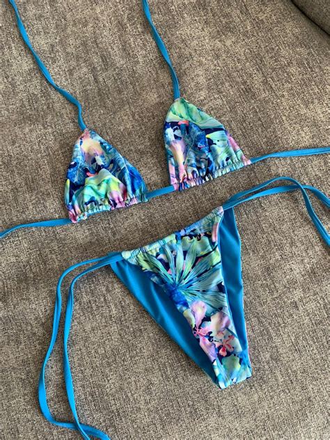 Blue And Floral Reversible Style Triangle Bikini Set For Women Etsy