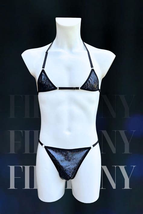 Men S Micro Bikini Lingerie Set Black Shiny Bra Thong Sissy