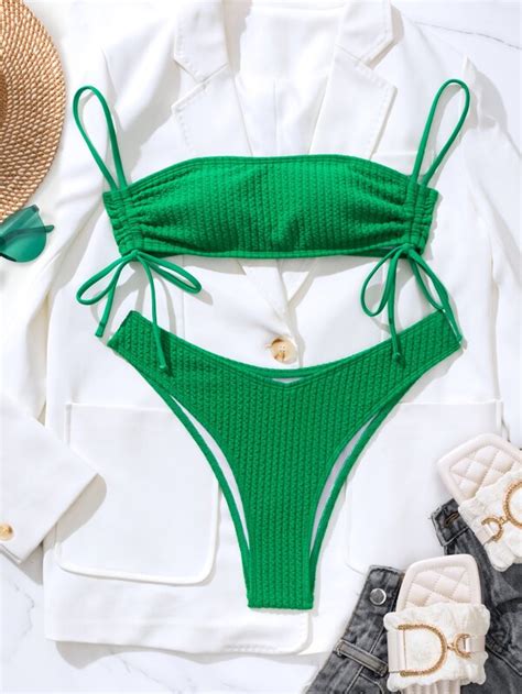Shein Swim Basics Conjunto De Bikini Texturizado Sujetador Inal Mbrico Con Cord N Y Parte