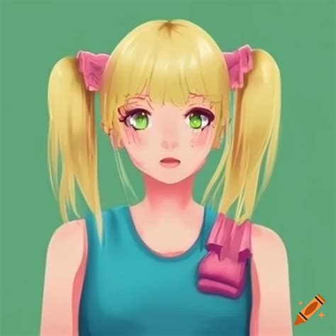 Anime Girl With Blonde Hair And Green Eyes In A Pink Sleeveless T Shirt On Craiyon