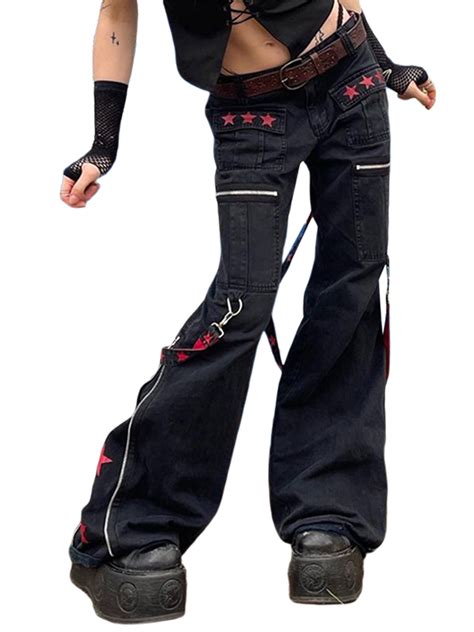 Womens Gothic Punk Cargo Pants High Waist Flare Pants Wide Leg Baggy