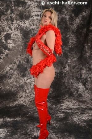 MILF Arabella May In Red High Boots Gloves Feather Boa 55 Pics