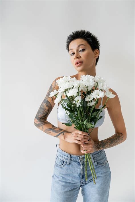 Brunette Tattooed Woman In Bra And Stock Photo Image Of Sensual Pretty