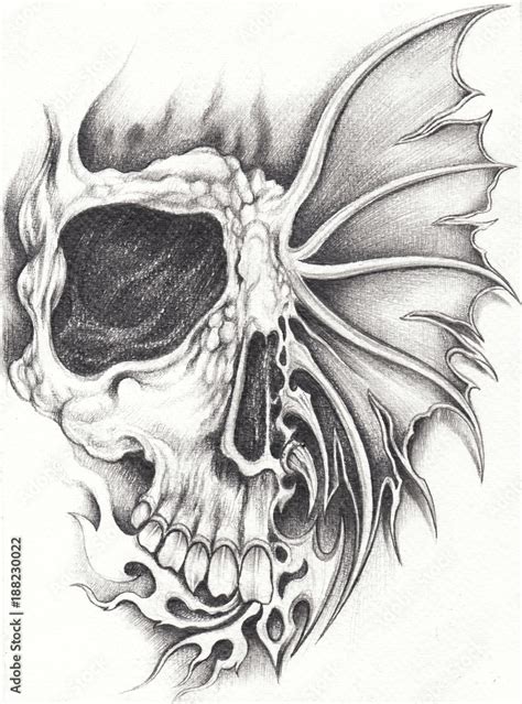 Art Surreal Face Skull Tattoo. Hand pencil drawing on paper. Stock-Illustration | Adobe Stock