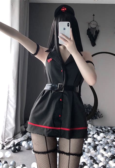 Woman Erotic Nurse Uniform Gothic Lingerie Outfit Deep V Shape Collar Backless Halter