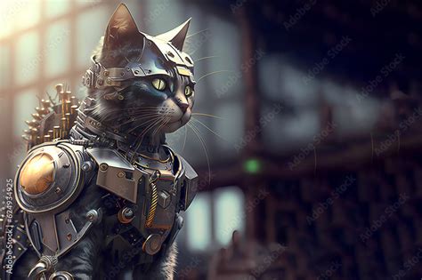 cat robot in metal armor. Warrior cat. anime. Banner. AI generated Stock Illustration | Adobe Stock