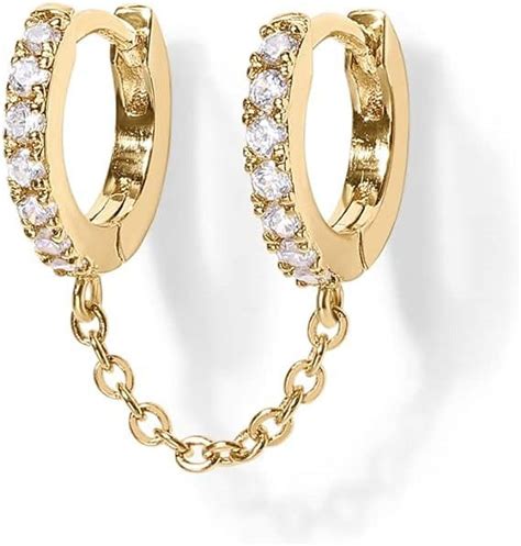 pavoi  yellow gold double piercing huggie hoop chain earrings