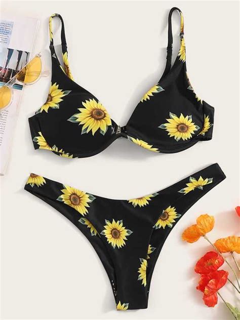 Random Sunflower Print High Cut Bikini Swimsuit Shein Usa