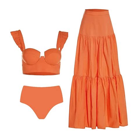 Sling Ruffle Solid Two Pieces Bikini Women High Waist Sexy Swimsuit Beach Skirt Summer Fashion