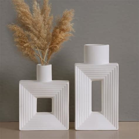 Amazon CEWOR White Ceramic Vase Set Of 2 Square Boho Vase For