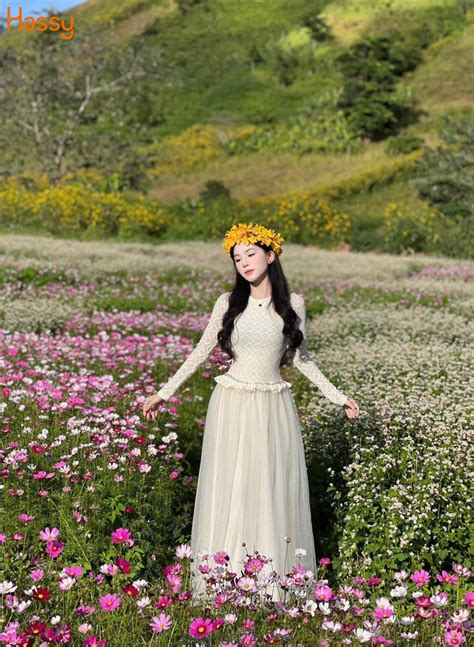 Hassy Đầm midi trắng ren hoa tùng xoè viền eo tay dài 318 KT 8 Hassy vn Thời trang nữ hot