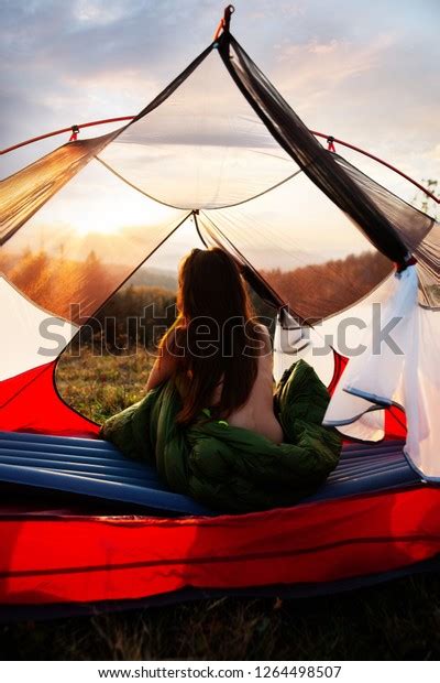 Naked Woman Sitting Tent Sleeping Bag Stock Photo 1264498507 Shutterstock