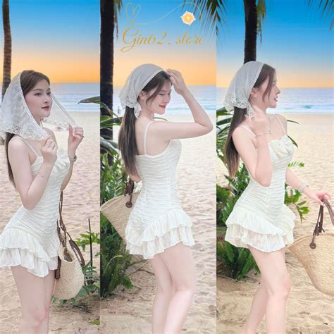 Bikini đi biển liền thân dây đính nơ trước ngực Váy đi biển kín đáo siêu hot cho du lịch